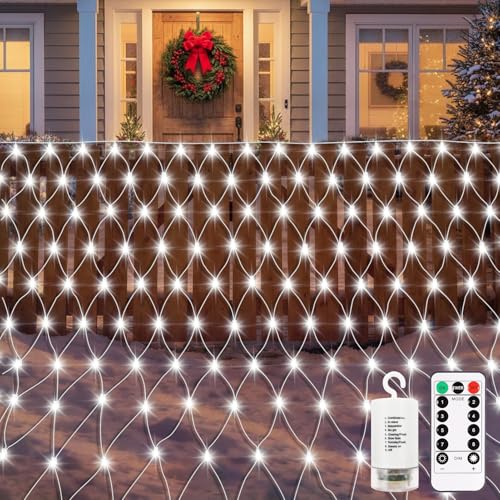 CCILAND Filet lumineux de jardin à piles de 3 m x 2 m, 200 LED en maille avec télécommande, 8 modes, guirlande lumineuse d'extérieur étanche à intensité variable pour jardin, chambre à coucher