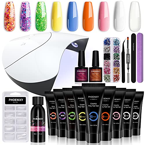 Poly Nail Gel Kit, Phoenixy 9 Colors Poly Nail Extension Gel Kit with 36W U V/LED Nail Lamp Manicure Starter Set Nail Builder Gel Kit Gift