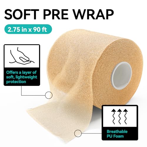 Dimora Pre Wrap Athletic, 4 Rolls Prewrap Headband for Hair, 120 Yards Foam Underwrap Athletic Tape, Best Padding for Underneath Sports Tape, 2.75 Inches x 30 Yards - Beige - Thumbnail 3