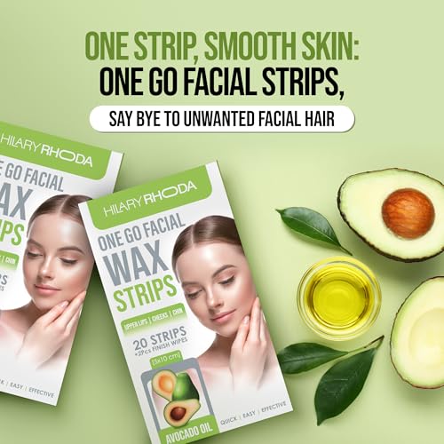 Image of Hilary Rhoda Women One Go Facial Wax Strips | Avocado Oil Extract | Ready-to-Use for Upper Lip, Chin & Cheeks | Hair Removal Strips with 2 Wipes | Painless, Quick & Gentle Waxing | 20 Strips