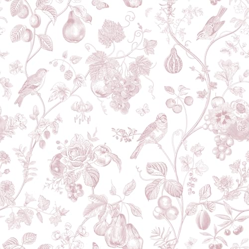 VEELIKE Blush Pink Toile Peel and Stick Wallpaper Cottagecore Floral Wallpaper with Birds Fruits for Bedroom Bathroom 17.7''x354'' Self Adhesive Removable Chinoiserie Wall Paper for Nursery Farmhouse