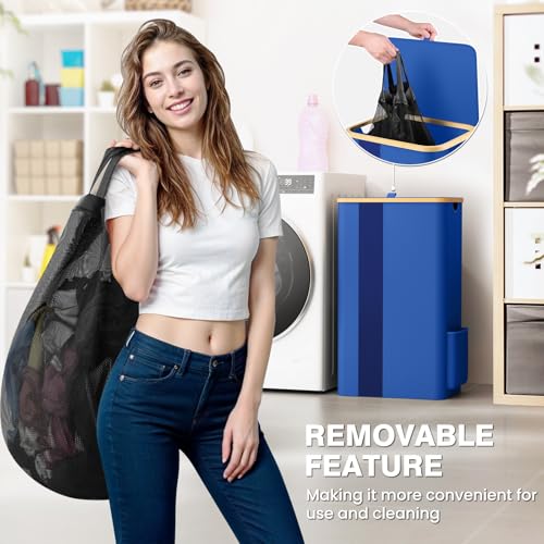 BlissTotes 100L Laundry Basket with Lid and Removable Bag - Blue