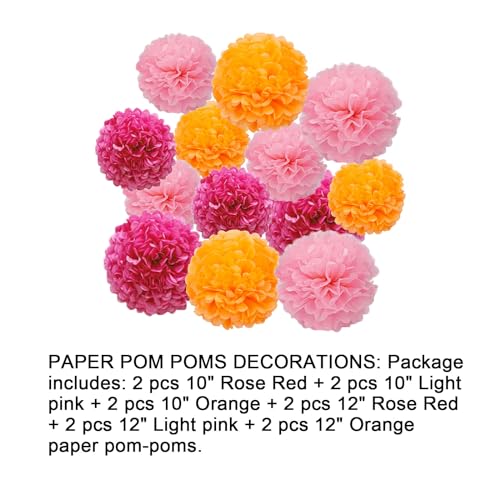 Image of 12pcs Rose Red,Light Pink and Orange Paper Pom Poms Decorations for Party Ceiling Wall Hanging Tissue Flowers Decorations - 3 Colors of 12 Inch, 10 Inch.