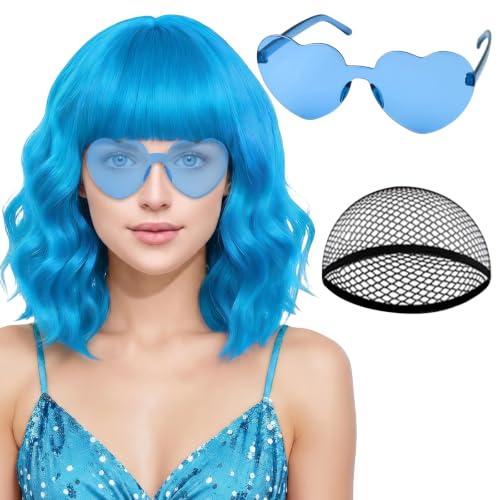 PLULON Blue Short Wavy Bob Wig Heart Sunglasses for Women Neon Bob Funny Party Curly Wigs with Bangs Synthetic Hair Daily Hairpieces for Birthday Music Festival Stage Cosplay Costume Party Outfit