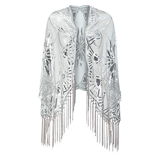 Women's 1920s Scarf Wraps Mesh Sequin Deco Fringed Wedding Cape Evening Shawl Vintage Prom