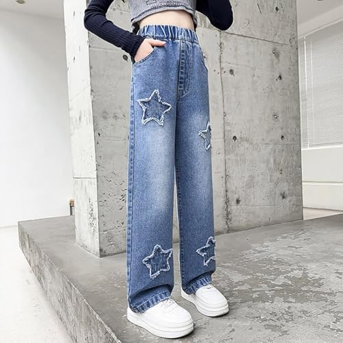 Girls Straight Star Applique Jeans Baggy Elastic Waist Wide Leg Jeans Vintage Y2K Streetwear Aesthetic Teen Clothes2