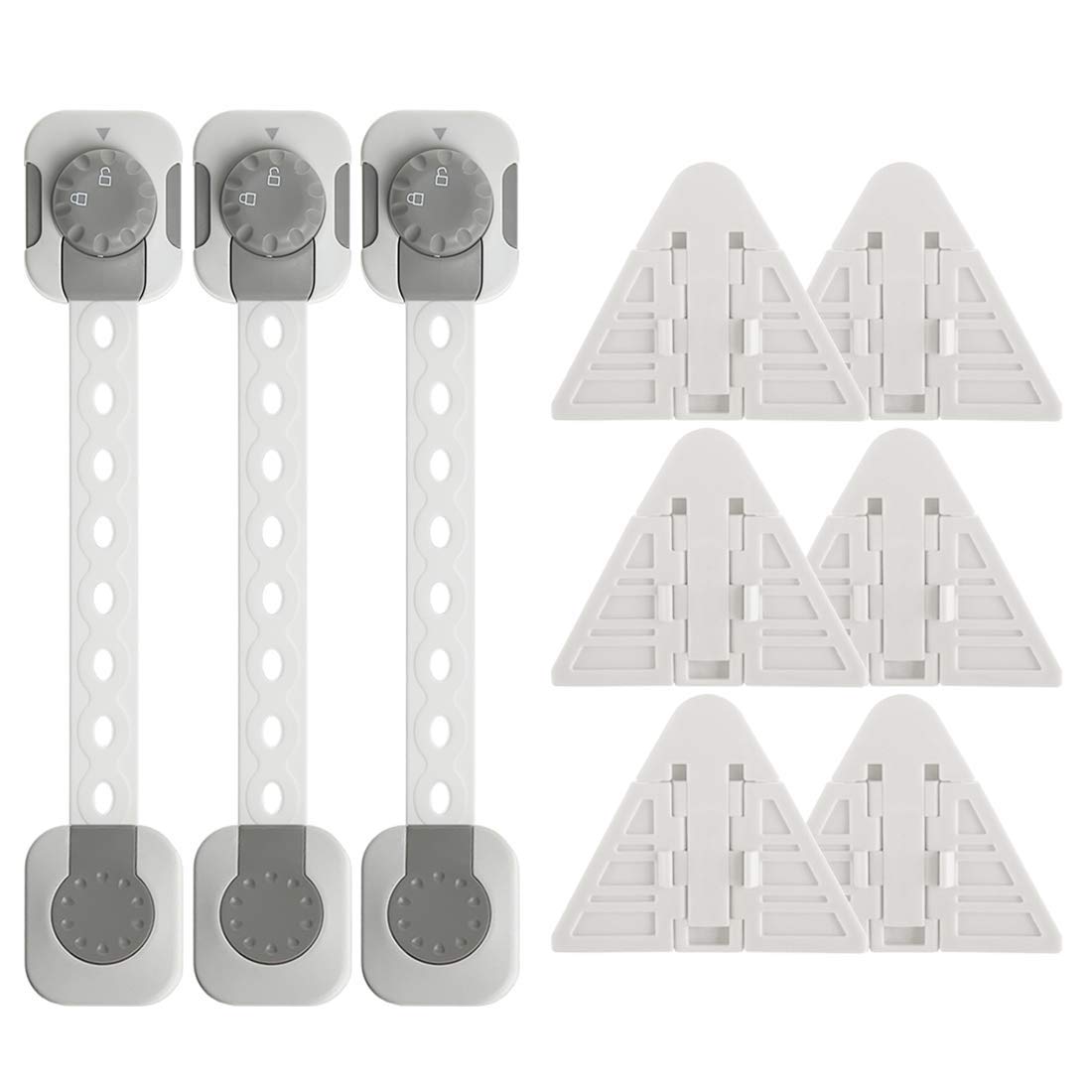 Child Safety Locks Gift Pack-3 Pack of Adjustable Baby Proof Drawers, Cabinets, Oven, Toilet Seat Password Locks-2&6Pack of 3M Adhesive Sliding Door&Windows Latch -No Tool or Drill (White #2)