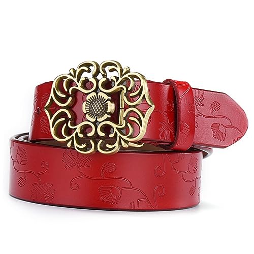 Didiseaon Vintage Wide Debossed Leather Waist Belt with Flower Shape Buckle for Women Red Stylish Chic Accessory for Jeans Casual and Business Pants