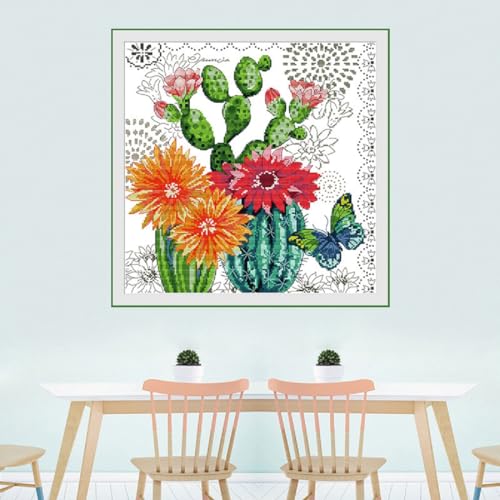 Image of Qeerysew Cross Stitch Kits Stamped Full Range of Embroidery Starter Kits for Beginners DIY- Printed Kits Prickly Pear Flower(Printed) 11CT18.9x18.9inches