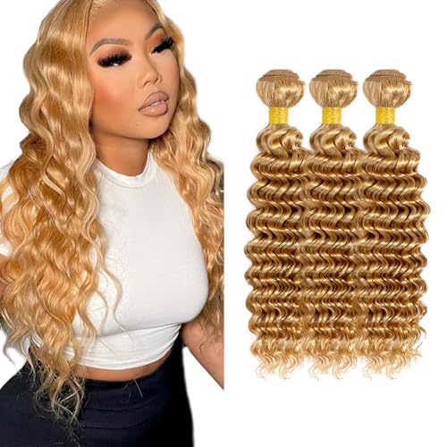 #27 Blonde Bundles Human Hair Deep Wave Bundles 24 24 24 Inch Unprocessed Brazilian Virgin Hair Weave 3 Bundle 50 Grams Per Bundle Honey Blonde Human Hair Extensions
