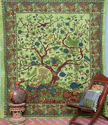 Popular Handicrafts Tapisserie arbre de vie hippie, bohème psychédélique, motif floral complexe, couvre-lit indien à suspendre au mur, 230 x 215 cm, vert