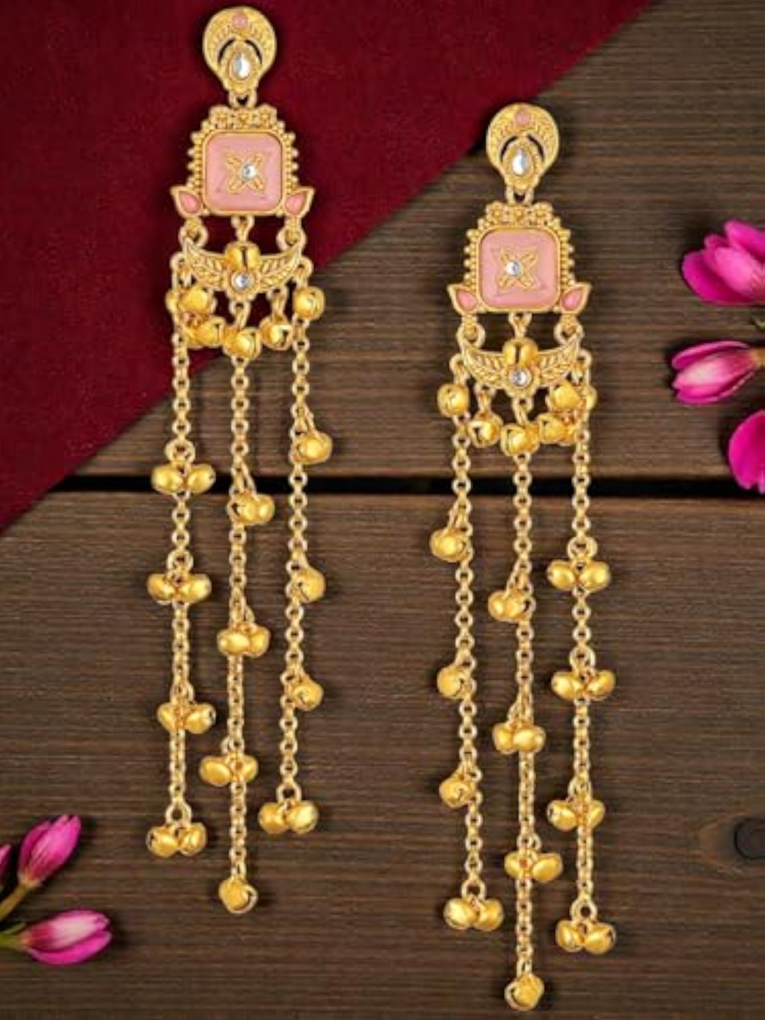 Women's Long Kashmiri Drop Earrings with Ghungroo Detailing