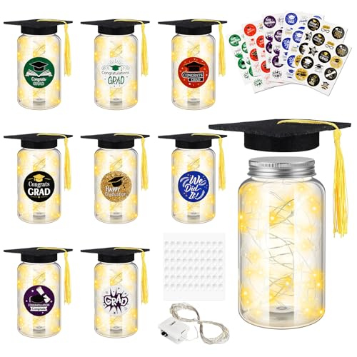 9 Pcs Graduation Jar Decorations with LED Lights, Light up Celebration Table Decorations Graduation Class of 2025 with Gratitude Jars Hats Stickers LED String Light