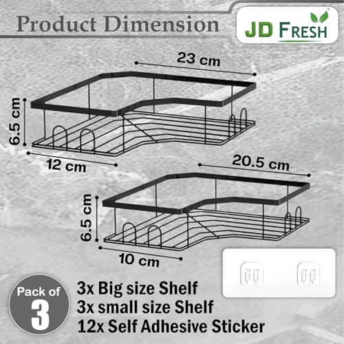 Image of JD FRESH Multipurpose Bathroom Organizer Shelf Rack Corner Without Drill /Self Adhesive Accessories Holder for Kitchen /Wall Mounted Organizer for Bathroom Space Saving Shelf Corner (Black, Pack of 3)
