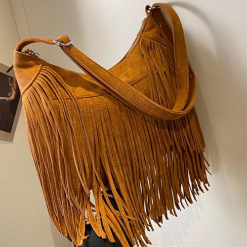 Image of Women Vintage Suede Fringe Hobo Bag Tote Shoulder Bag Crossbody Bag and Hippie Western Cowgirl Purse Shoulder Bag