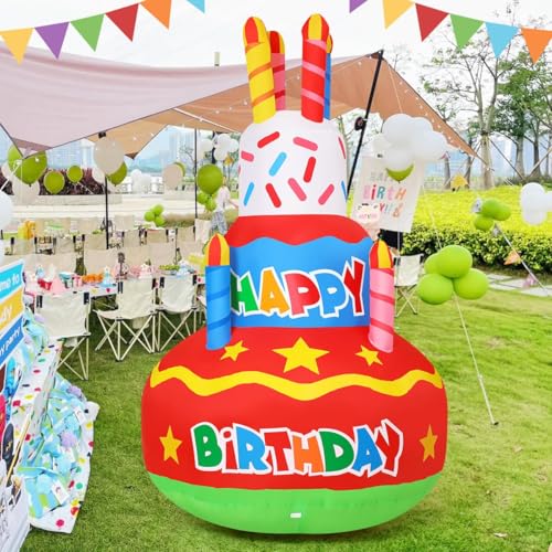 GOOSH 6.2 FT Birthday Inflatables Outdoor Decorations Cake with Candle Happy Birthday Blow Up Yard Decoration with Colorful Rotating LED Lights for Party Garden Lawn