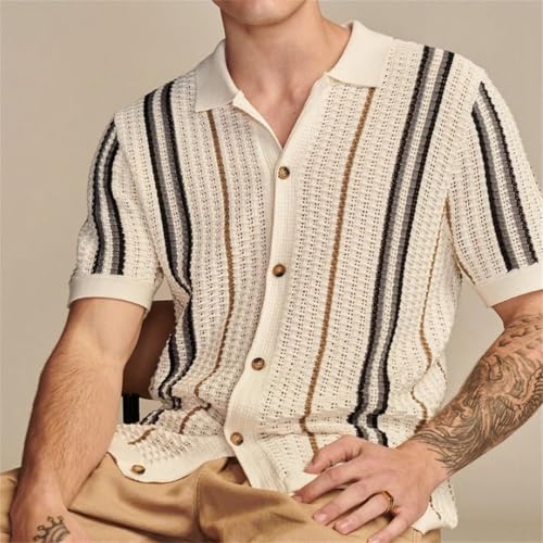 Men’S Slim Fit Hollow Out Striped Knitted Polo Cardigan Short Sleeve Button-Down Streetwear Top Tee3