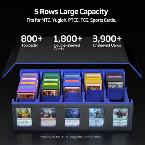 Image of 3900+ Trading Card Storage Box for MTG TCG PTCG Sports Card, Black Blue | 5-Row Card Case, Magnetic Lid & Commander Display, Top Loader Storage, Includes Dividers & Dice Box