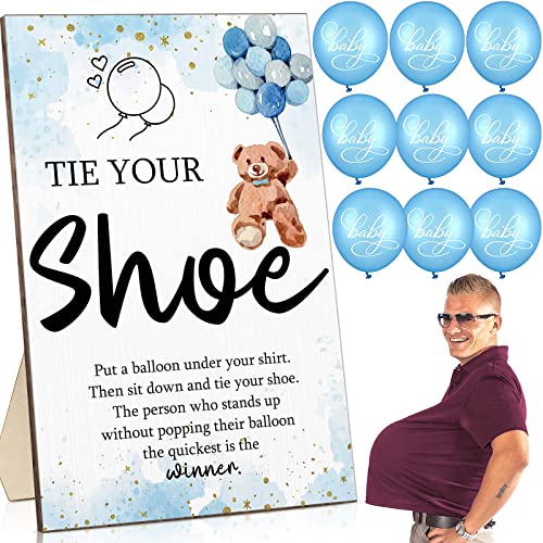 Image of Roowest 51 Pcs Tie Your Shoe Baby Shower Game Sign Wooden Sign Greenery Gift Sets Gender Reveal Party Favors 50 Balloons Latex Balloons for Game Wedding Supplies(Blue,Bear)