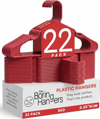 The Boring Hangers Red Plastic Hangers 22 Pack - 10 lb Heavy Duty Red Clothes Hangers Set - 0.20" Slim & Space Saving Laundry Room Closet Organizer Plastic Coat Hangers, Moving Essentials