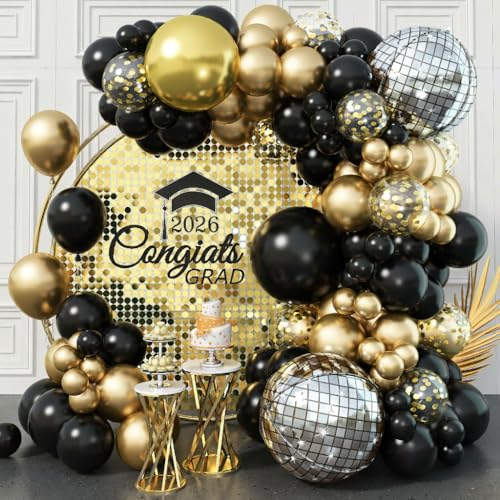 Image of Black and Gold Balloons Garland Arch Kit, 18 12 10 5 Inch Black Metallic Gold Balloon Arch Kit, Champagne Gold with 4D Disco Balloon for Graduation Birthday Retirement New Year Father's Day