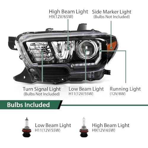 Image of GRAND ORANGE LED DRL Projector Headlights Assembly Front Headlamp Fit Toyota Tacoma 2016-2022 Model 8111004260, 8115004260, 8115004280, 8111004280 Clear Lens Black Housing Amber Reflector