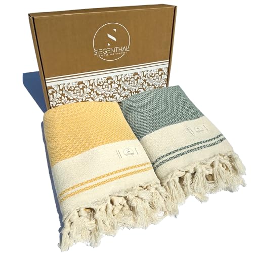 SIEGENTHAL® Hamamtuch 2er Pack – Leichtes Strandtuch & Saunatuch aus 100% recycelter Baumwolle – Schnell Trocknend, Groß & Weich – 90cm x 200cm – Ideal für Strand, Sauna, Yoga, Picknick – Gelb & Grün
