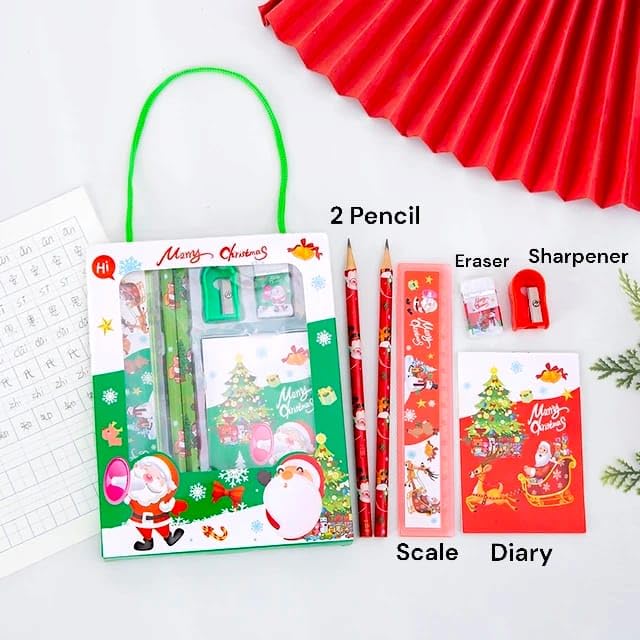 Image of Santa Claus Theme School Stationery Kit, Christmas Day Gift Set, Merry Christmas Return Gift Set, 6-in-1 Stationery Kit for Kids (Pack of 3)