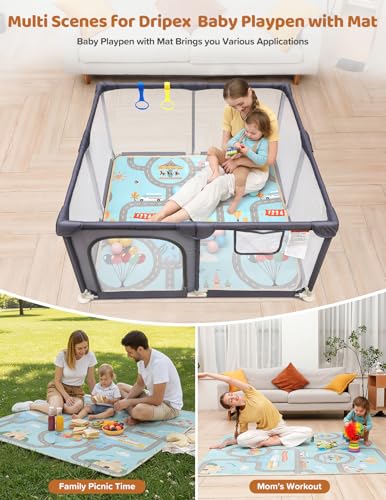 Image of Dripex Baby Playpen with Mat, 47 inchx47 inch Small Play Pen for Babies, Grey | Included Waterproof Mat / Pull up Rings, Breathable Visible Mesh, Anti-Fall Design, Easy Setup, Indoor /Outdoor Use
