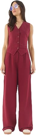 Shade Kad n Keten Yelek Y ksek Bel Pantolonlu Alt- st Tak m 9257 60281047, Bordo, 36