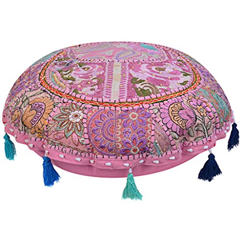Stylo Culture Ethnic Floor Pillow Cushion Vintage Bohemian Patchwork Cover Round Blush Pink Throw Pillow Cover 18 Small Decorative Decor Seating Pouf Cover Footstool Cotton Embroidered 1 Pc #TOP1