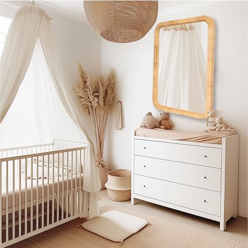 Rattan Mirror,Rectangle Boho Bathroom Mirror for Wall,22x30 Wicker Vanity Mirror for Nursery Décor,Coastal Farmhouse Wood Mirror for Bedroom Entryway Living Room - Image 3