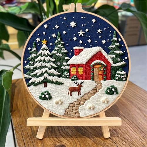 Image of LB Christmas Embroidery Kit for Beginners Adults, 3 Sets Hand Embroidery Starter Kit with Fireplace Pattern and Instructions Stamped Cross Stitch Kits Include Embroidery Hoop Needles Threads Scissors