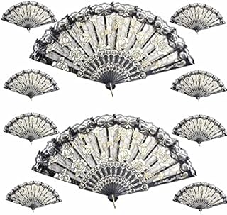 Eidoct 10 Pieces Fabric Folding Fans, Folding Hand Fans, Elegant Vintage Retro Flower Rose Lace Handheld Chinese Folding Fan for Women Hand Craft (Black)