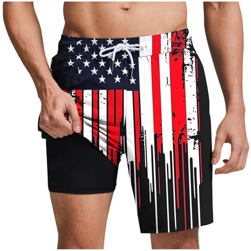 Mens American Flag Swim Trunks with Compression Liner and Pockets USA 4th of July Patriotic 2 in 1 Beach Board Shorts