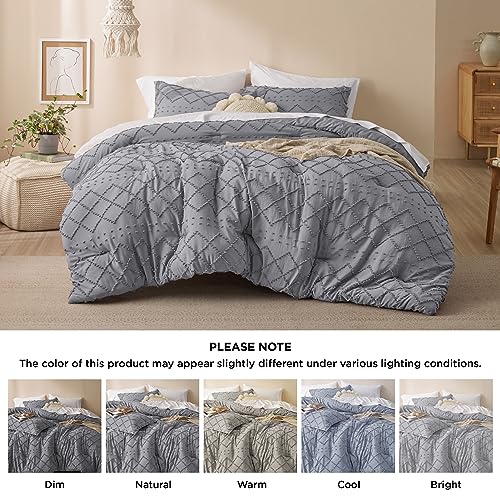 Image of Bedsure King Comforter Set - Grey Comforter, Boho Tufted Distressed Vintage Bedding for Kids, 3 Pieces Farmhouse-Style Bed Set for All Seasons, Fluffy Soft Bedding with 2 Pillow Shams