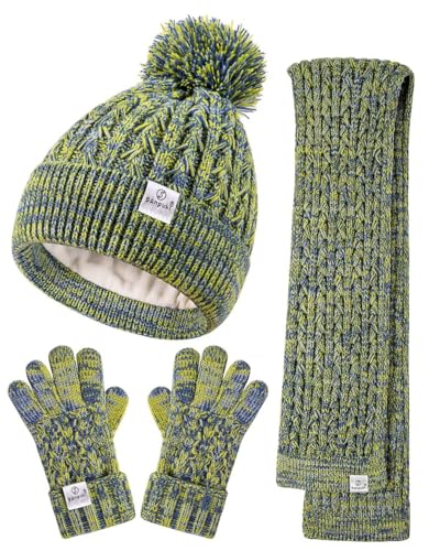 Kids Winter Hat Gloves Scarf Set,Girls Toddler Winter Hat Beanies with Pom Neck Warmer Gaiter Mittens Fleece Lined Set Christmas Gift for Kids（Green Mix）