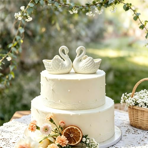 PKTEMUS 2PCS Swan Cake Topper White Swans Couple Figurines Lovely Ceramic Cake Toppers Birthday Candle Holder Animal for Wedding Party Tabletop Home Decorations