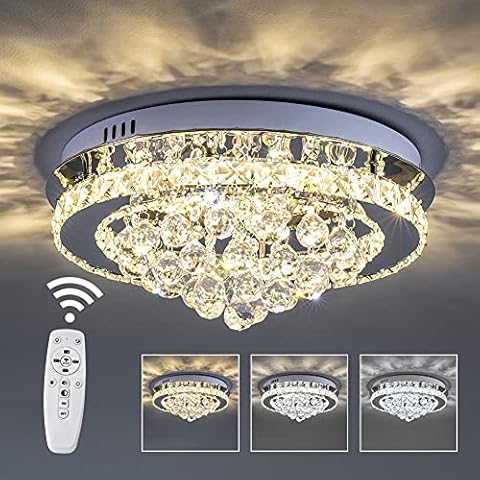 XEMQENER Dimmable Crystal Chandelier with Remote, 40cm Round LED Ceiling Light, 36W Flush Mount Ceiling Lamp for Living Room Kitchen Office Bedroom Dining Room, 3000k-6000k Cover