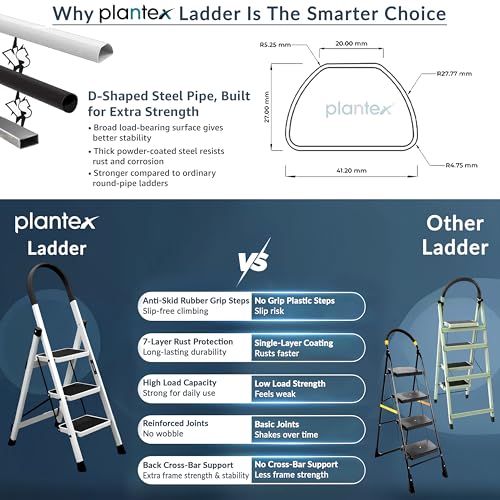 Image of Plantex Ladder for Home 3 Steps /Foldable Ladder with Anti-Skid Wide Steps (30L x 20W cm) /Strong D-Shape Pipe with X-Support for More Stability /5 Year Warranty(Apex-White)