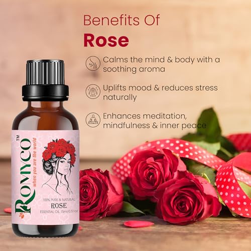 Image of Romyco Rose Essential Oil 15ml (Gulab) for Romance, Luxury | Hydrated Skin Care | Natural Perfume & Meditation | Aromatherapy & Diffuser Oil | Men & Women | Pure Natural Organic & Undiluted