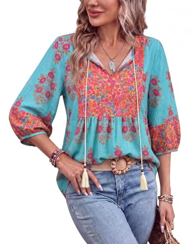 Image of Vivilli Womens Summer Boho Babydoll Tops 3 /4 Sleeve Pleated Peplum Blouses Casual V Neck Tie Front 2026 Tunic Tops