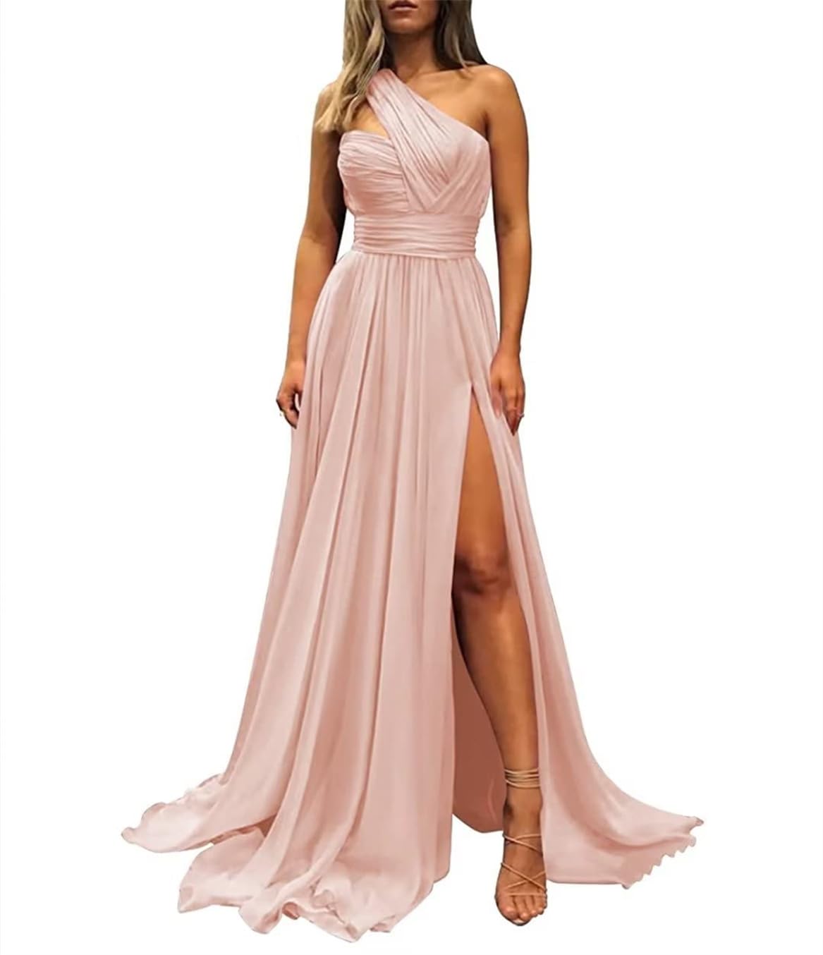 Yiann Women's Peach Wedding Guest Evening Gown Ruched Sleeveless Bridesmaid Dress For With Pockets Uk16