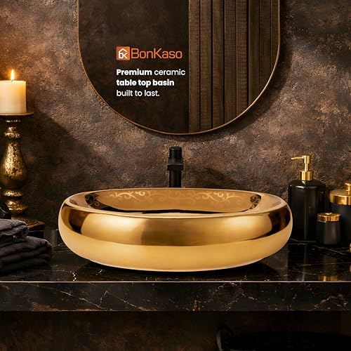 Image of BONKASO Pearl 1006 Luxury Golden Polished Ceramic Table Top Wash Basin (61 x 43 x 14.5 cm) | Large Countertop Bathroom Sink | Modern Designer Vanity Wash Basin