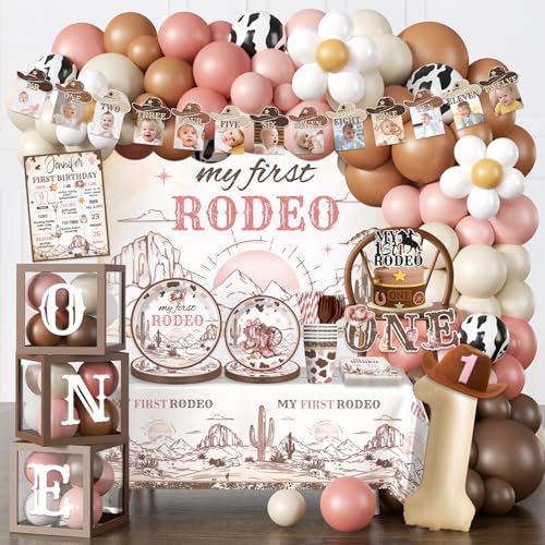 Fexivo 240PCS My First Rodeo Decorations Girl Western Cowgirl First Birthday Supplies All-in-1 Supplies Pack Includes 20 plates Backdrop Tablecloth Balloon Kit for Girl First Birthday Party
