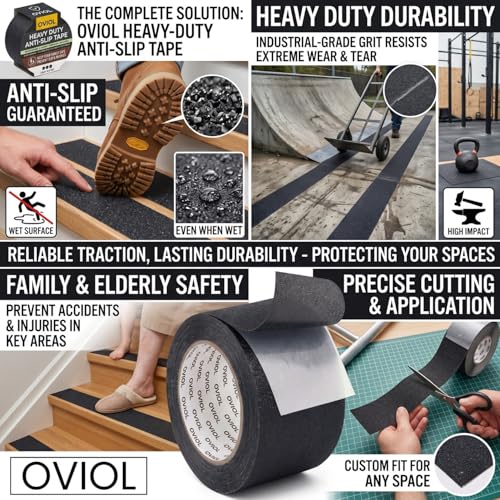 Image of OVIOL Anti Slip Tape for Stairs Waterproof Stairs Anti Skid Strip for Granite Stair Anti Slip Vinyl Flooring, Heavy Duty 80 Grit High Traction, 2 Inch x 16.4 Feet (BLACK, PACK OF 1)