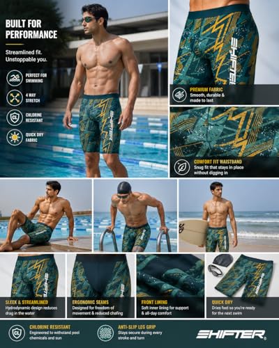 Image of Shifter Men's Swimming Jammer Swimwear | Quick Dry Chlorine Resistant Professional Swim Shorts for Training Racing Pool Beach Water Sports
