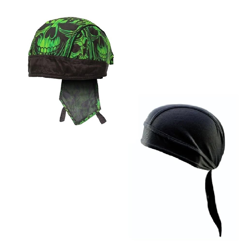 Generic Lot or Set of 2 Neon Green Gothic Skull and Solid Black Moisture Wicking Headwrap Durag Skull