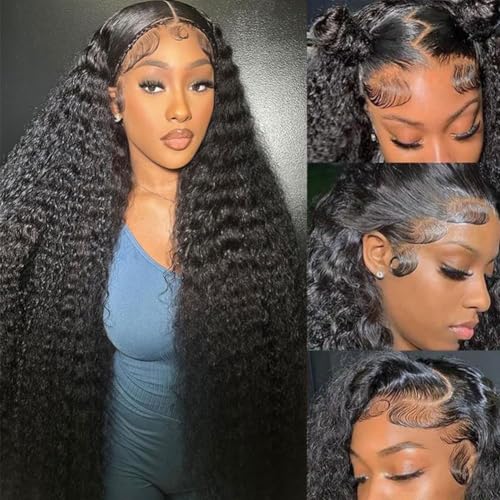 Image of Aomllute 32 Inch Lace Front Wig Human Hair Pre Plucked 200 Density 13x4 HD Deep Wave Lace Frontal Wigs Human Hair with Baby Hair deep Curly human hair Wigs for Women Natural Black