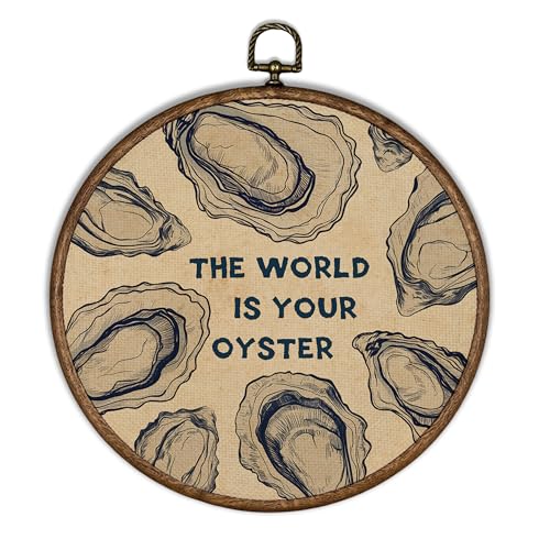 XBBMGG Oyster Wall Art Decor, Coastal Vintage Oyster Shell Round Wall Hanging Decor, Beach Ocean Nautical The World Is Your Oyster Framed Canvas Prints for Living Room Bathroom Decorations, 10x10inch
